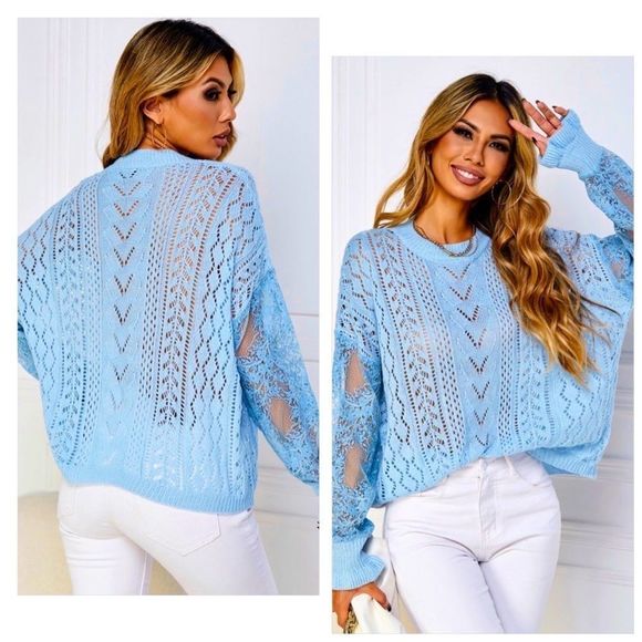 HP!! 💜💜 NWT! CONTRAST LACE POINTELLE KNIT DROP SHOULDER SWEATER IN BABY BLUE! - Picture 5 of 11